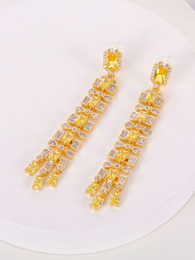 yellow Brass Cubic Zirconia Geometric Tassel Long Luxury Cluster Earring