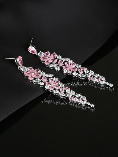 Pink Brass Cubic Zirconia Flower Luxury Long Cluster Earring