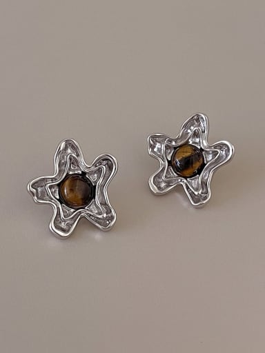 plstinum earrings Brass Tiger Eye Flower Hip Hop Stud Earring
