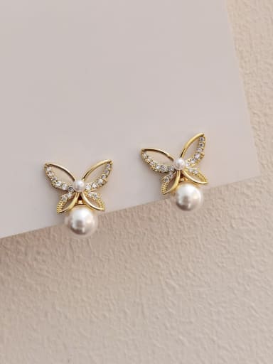 Brass Imitation Pearl Butterfly Minimalist Stud Earring