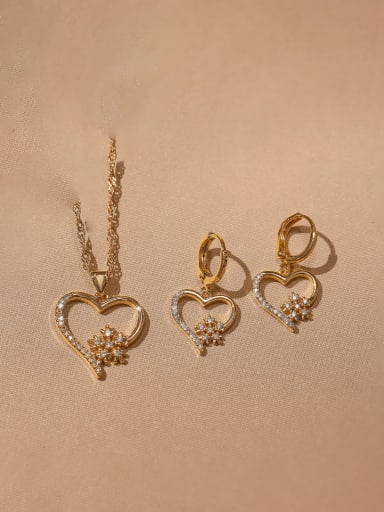 Brass Cubic Zirconia Hip Hop Heart and Necklace Set