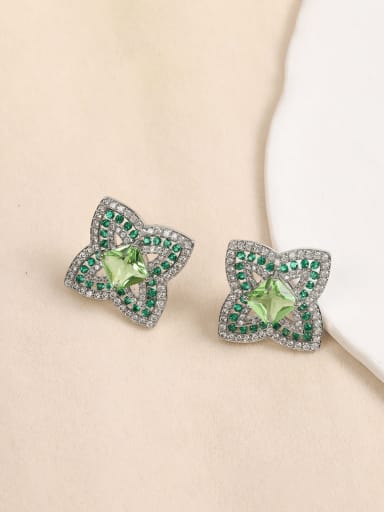 green Brass Cubic Zirconia Flower Luxury Stud Earring