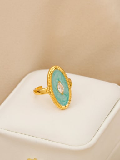16K Golden Pearl Green [Open Ring] Brass Enamel Round Trend Band Ring