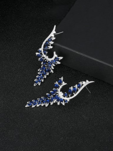 blue Brass Cubic Zirconia Feather Water Drop  Luxury Cluster Earring