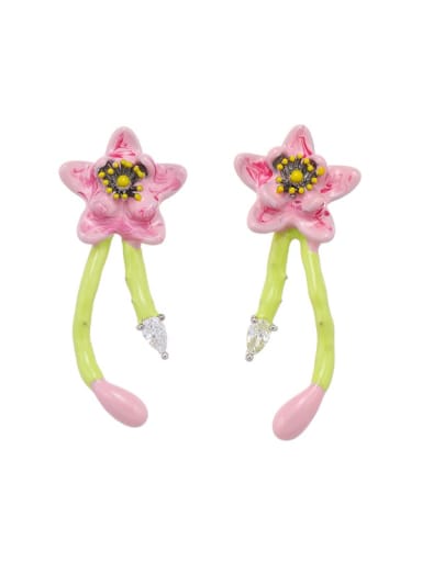 Pink Brass Multi Color Enamel Flower Cute Stud Earring