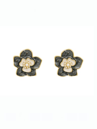 14k Gold [dark gray] Brass Enamel Flower Vintage Stud Earring