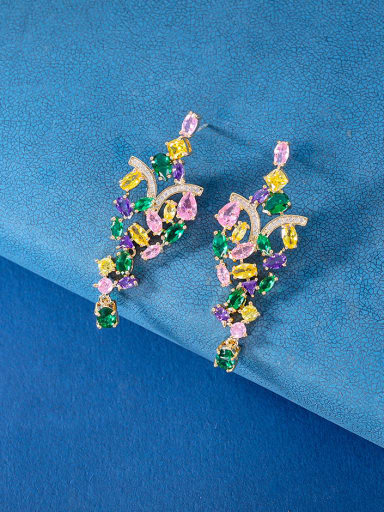 Brass Cubic Zirconia Multi Color Irregular Luxury Cluster Earring