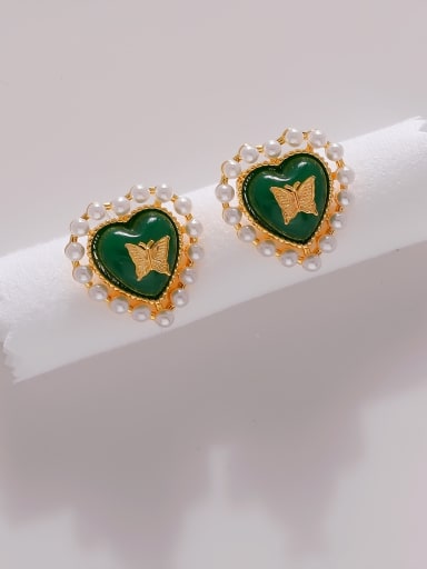 18K gold green Brass Imitation Pearl Heart Vintage Stud Earring