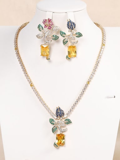 Brass Cubic Zirconia Luxury Flower  Earring and Necklace Set