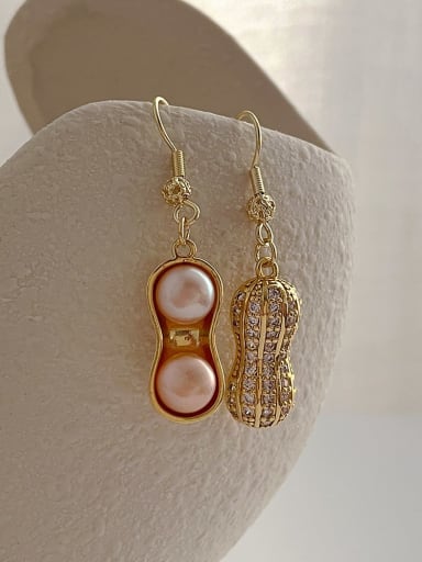 Pink Pearl Asymmetric Peanut Earrings Brass Cubic Zirconia Geometric Cute Hook Earring