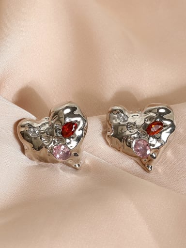 White K Brass Cubic Zirconia Heart Vintage Stud Earring