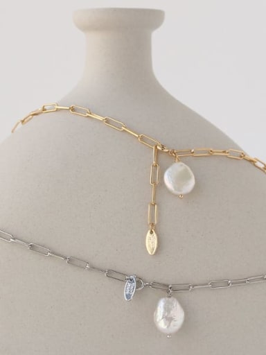 Brass Freshwater Pearl Geometric Artisan Necklace