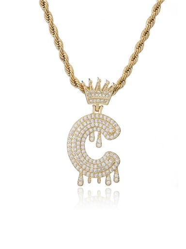 C Brass Cubic Zirconia Crown Hip Hop Letter Pendant Necklace