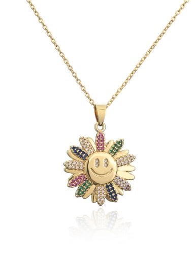 Brass Cubic Zirconia Smiley Vintage Sun Flower Pendant Necklace