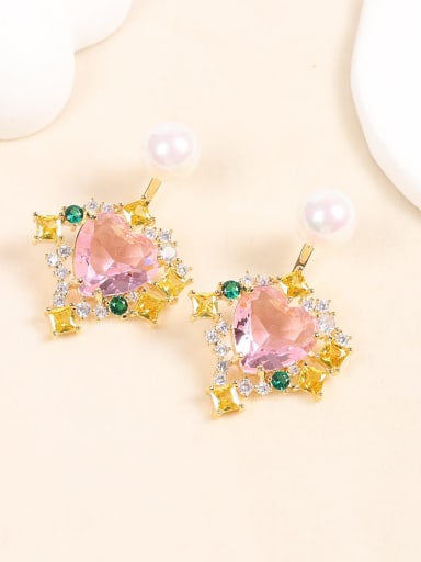 Pink Brass Cubic Zirconia Heart Dainty Stud Earring