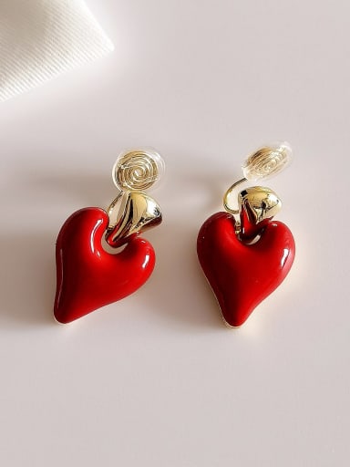 14K golden red [ ear clip] Brass Enamel Heart Minimalist Clip Earring