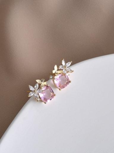 Gold Pink ed66552 Brass Cubic Zirconia Flower Dainty Stud Earring