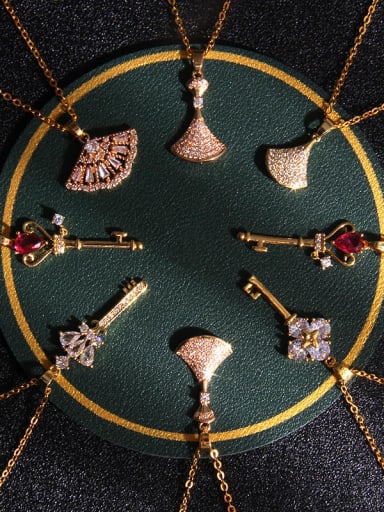 Copper Cubic Zirconia Key Trend Fan Pendant Necklace