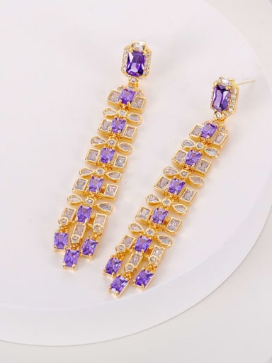 purple Brass Cubic Zirconia Geometric Tassel Long Luxury Cluster Earring