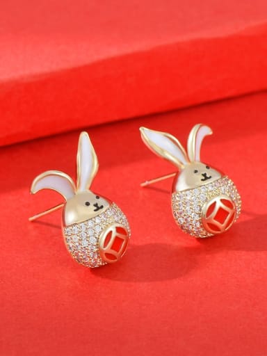 Brass Cubic Zirconia Enamel Rabbit Cute Stud Earring