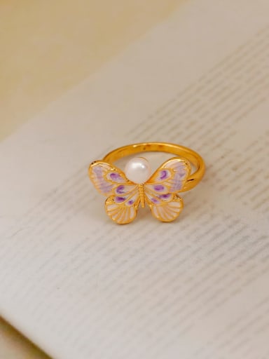 18K Light Purple Freshwater Pearl Brass Enamel Butterfly Minimalist Band Ring