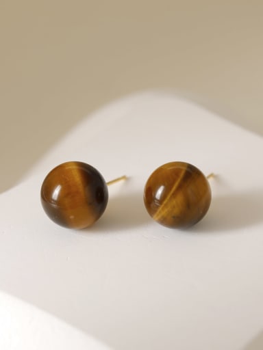 18K gold 12mm Brass Tiger Eye Round Ball Vintage Stud Earring