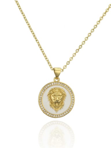 Brass Cubic Zirconia Lion Hand Vintage  Enamel Round Pendant Necklace