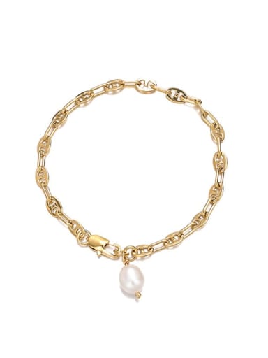 Brass Imitation Pearl Geometric Vintage Hollow Chain Link Bracelet