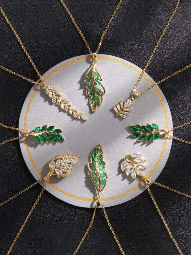 Brass  Vintage Cubic Zirconia Leaf Pendant Necklace