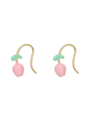 Pink Brass Enamel Flower Cute Stud Earring
