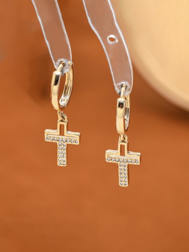 ED897201 Brass Cubic Zirconia Cross Minimalist Huggie Earring