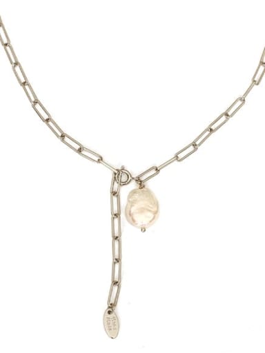 white gold Brass Freshwater Pearl Geometric Artisan Necklace