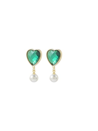 Brass Imitation Pearl Green Heart Trend Stud Earring