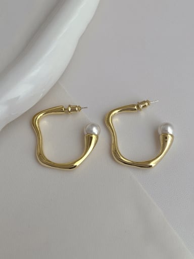 N254 Bright Gold Brass Imitation Pearl Geometric Minimalist Stud Earring