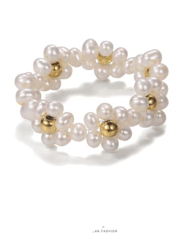 Brass Freshwater Pearl Flower Hip Hop Band Ring