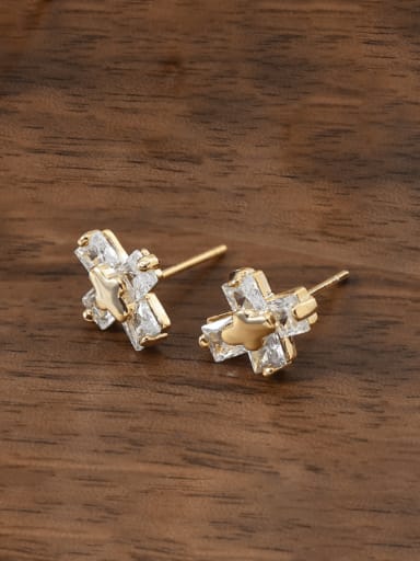ED67092 Brass Glass Stone Cross Minimalist Stud Earring