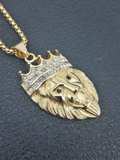 Titanium  Lion Rhinestone Crown Hip Hop Necklace For Men