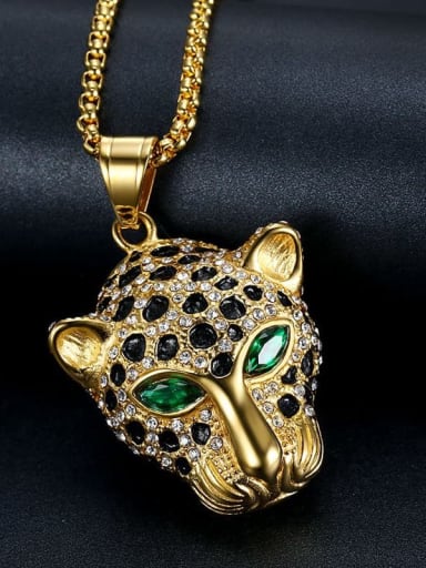 Gold green eye Necklace Titanium Rhinestone Leopard Hip Hop Necklace For Men