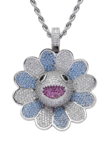 Blue and white flower white gold+ chain Brass Cubic Zirconia Flower Hip Hop Necklace