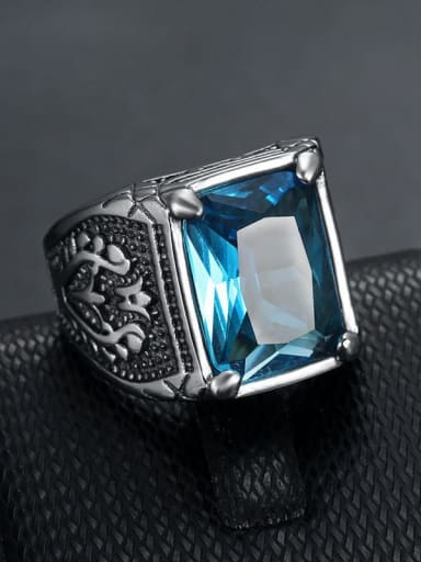 Blue Stone Steel Color US Code Stainless steel Cubic Zirconia Square Vintage Band Ring