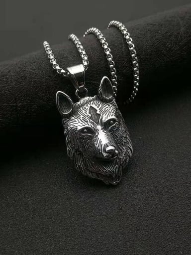 Steel color Titanium Steel Rhinestone Wolf Vintage Necklace For Men