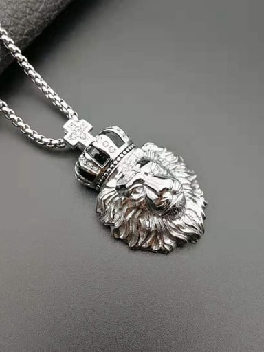 Silver Necklace Titanium Rhinestone Lion Crown Hip Hop Necklace For Men
