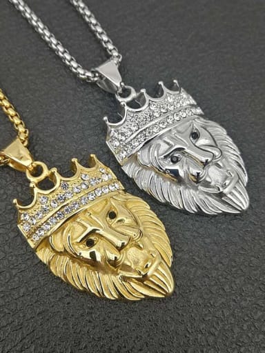 Titanium  Lion Rhinestone Crown Hip Hop Necklace For Men