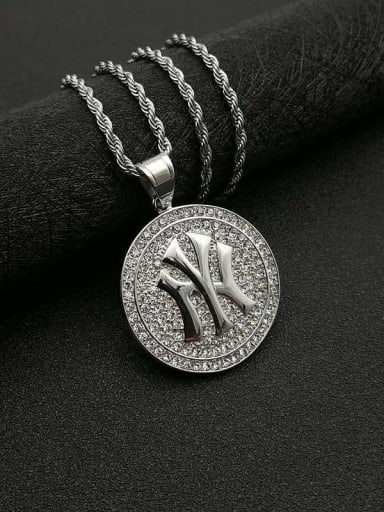 Silver Necklace Titanium Rhinestone Round Hip Hop Initials Necklace For Men