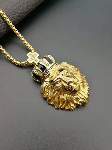 Titanium Rhinestone Lion Crown Hip Hop Necklace For Men