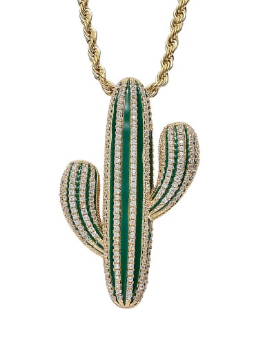 Brass Cubic Zirconia Green Enamel Cactus Hip Hop Necklace