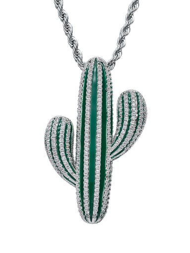 custom Brass Cubic Zirconia Green Enamel Cactus Hip Hop Necklace