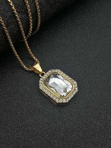 White glass stone necklace Titanium Glass Stone Rectangle Hip Hop Necklace For Men