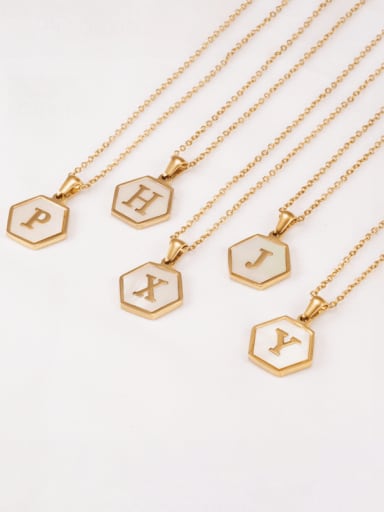 Stainless steel  English Letter Minimalist Shell Hexagon Pendant Necklace