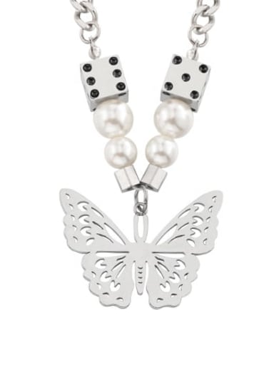 Titanium Steel Imitation Pearl Butterfly Hip Hop Necklace